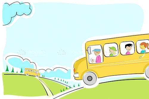 Illustrated School Bus in a Country Lane